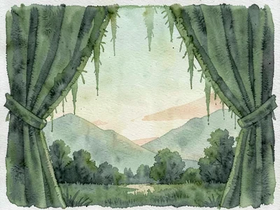 Painterly silhouette of moss curtains against a pale green-tea sky at dusk forms