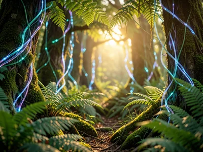 Jurassic fern forest but bioluminescent fiber optic vines grow among fronds