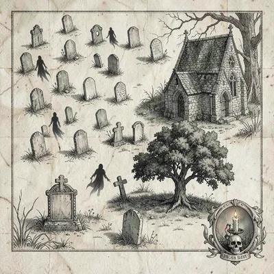A low-fantasy haunted-graveyard plot plan with crooked headstones, a ruined chap