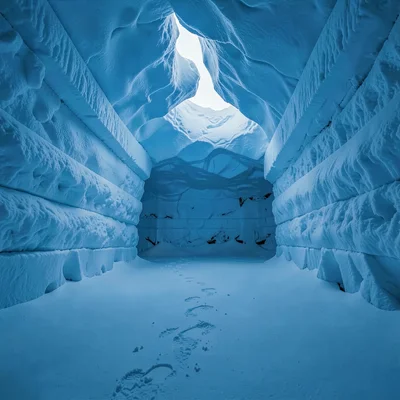Arctic conditions photograph, extreme cold environment, The blue interior of an 