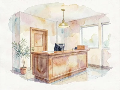 Soft-wash watercolor of the credit-union lobby with a wooden teller counter, gen