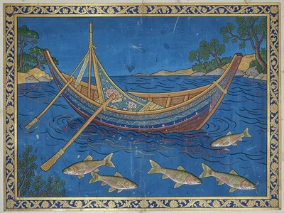 Boat crossing a stylized river, fish visible in the water below