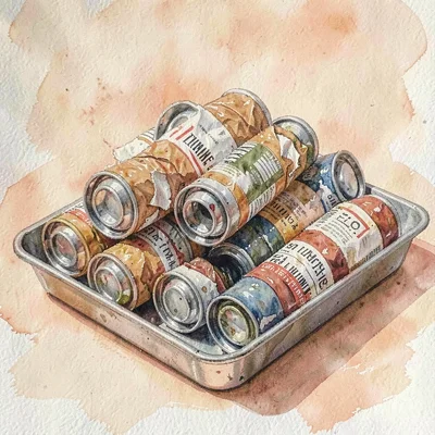 Warm gouache of a stack of crumpled oil paint tubes in a tin tray, peach and sie