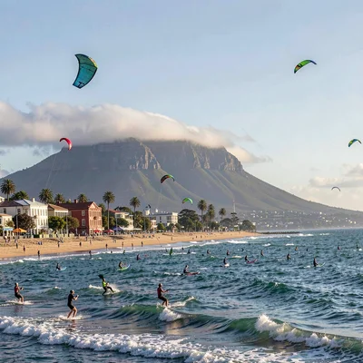 Cape Town southeaster wind shaping the scene, Blouberg beach kitesurfers with fu