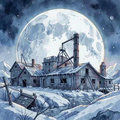 Matte painting of a derelict mining colony on an ice moon, deep blue palette wit