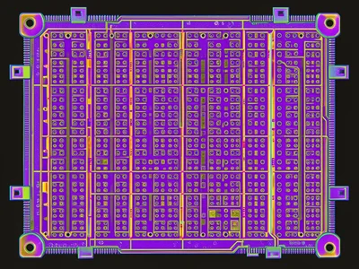 Memory array die section, perfect grid of DRAM cells in false-color purple and g