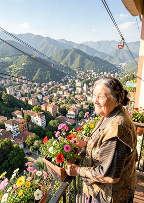 Eternal spring light over transforming Medellín, paisa grandmother on balcony wi