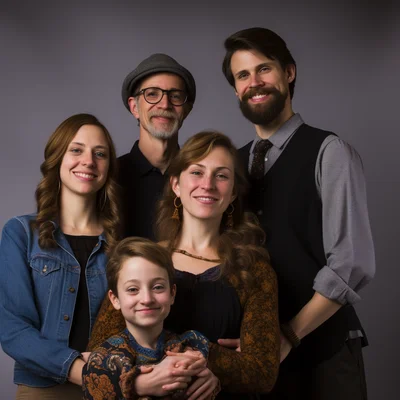 Akward family photo. posing fully body. smirking