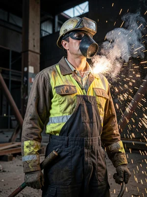 Welder with mask lifted, dramatic beauty lighting through sparks, industrial gla