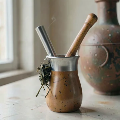 Quietly elegant photograph with Uruguayan sensibility, Silver bombilla in close-