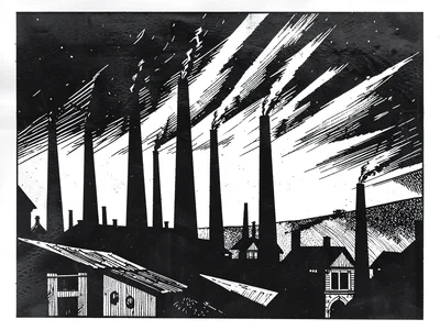 Factory district at night, chimneys as jagged black verticals, sky slashed white