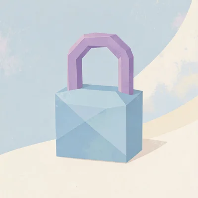 Heavy sky-blue lowpoly padlock with a chunky lavender shackle, paper-folded body