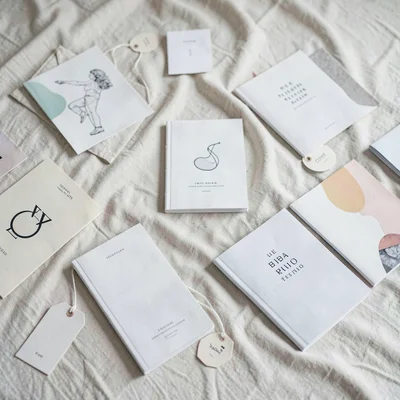 A wide spread of campaign deliverables strewn across a soft canvas surface, incl
