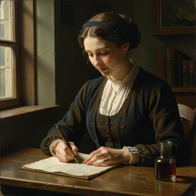 A woman writing a letter with a fountain pen, ink well beside her, the pen nib c