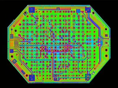 Printed circuit board via array, field of copper-filled holes connecting layers,