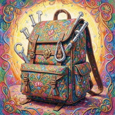 Ornate prop study of a backpack with strapped tools and dangling carabiner