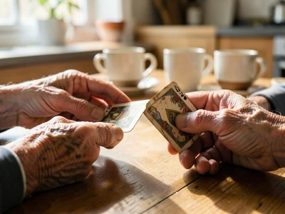 Two pairs of elderly hands playing cards, the worn cards visible, a kitchen tabl