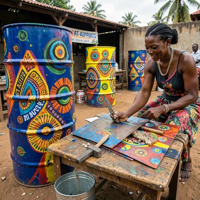 Resilient color in Port-au-Prince, Haiti, Repurposed oil drum art workshop, meta