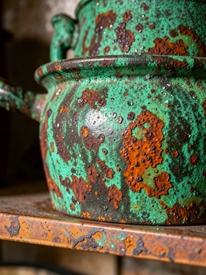 Antique copper pot with rich verdigris, kitchen shelf, autumn cooking vessel