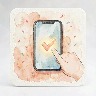 Square IG launch tile with a cheerful stylized hand pressing a glowing check-mar