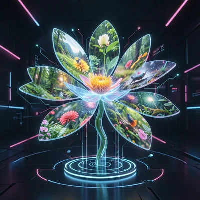 Flower blooming but petals are flexible OLED screens showing nature videos