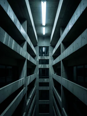 Concrete brutalist building with repetitive geometric balconies casting dramatic