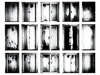 A grid of twelve identical doors, each one slightly more degraded and abstract t