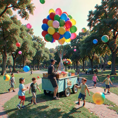 Anaglyphic stereo 3D photograph, Balloon vendor in park with bouquet of balloons