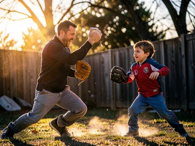 Father and child playing catch in backyard, baseball gloves, golden hour