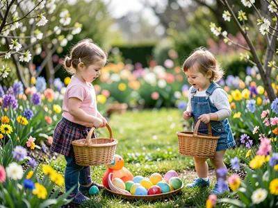 Children on an Easter egg hunt in a garden, baskets in hand, spring flowers bloo