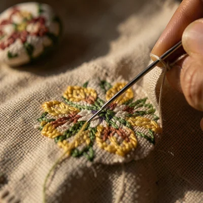Extreme macro of hand-embroidered Easter eggs on vintage linen — the needle stil