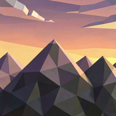 Low-poly illustration, faceted mountain range at sunset , faceted geometric surf