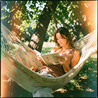 A woman reading a paperback in a hammock, dappled sunlight through tree leaves, 