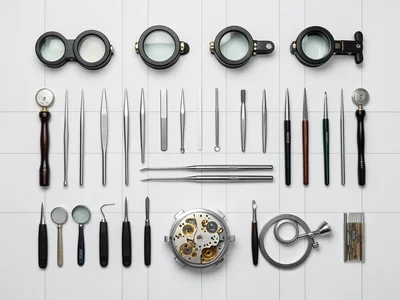 A watchmaker's tools: loupes, tweezers, screwdrivers graded by size, spring bars