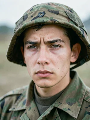 Close-up of a young soldier's face at ease, not battle — pensive, mid-distance g