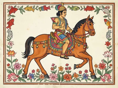 Horse with decorated saddle and bells, rider in ceremonial attire, flowers aroun