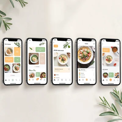 Screenshot grid of six phone mockups in a soft tilted row, each showing a recipe