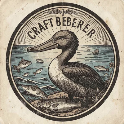 Craft beer label illustration, Pelican with fish and sea scene , brewery label a