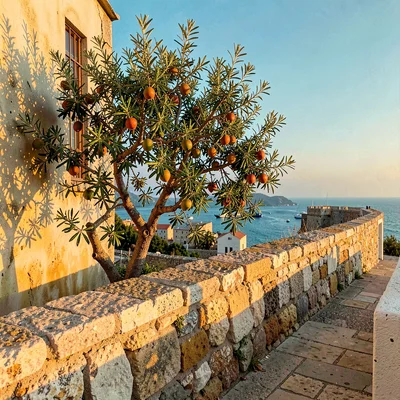 Adriatic limestone warmth, Dubrovnik honey stone, Fig tree branch heavy with rip