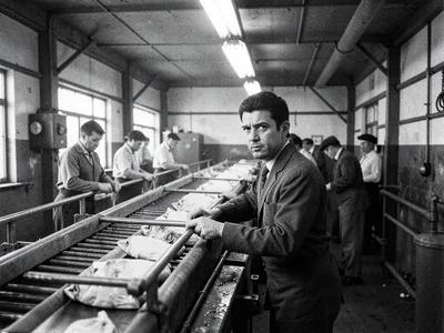 Interior of a cannery — worker at a conveyor line, repetitive motion, industrial