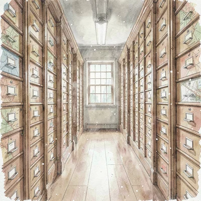 Painterly interior of a tall archive aisle lined with map drawers, dust-motes in