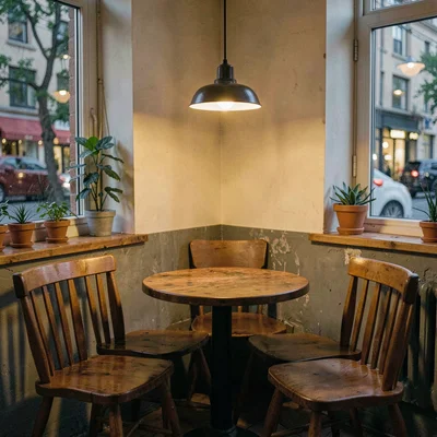 Atmospheric photo of a community cafe corner at evening with warm pendant light