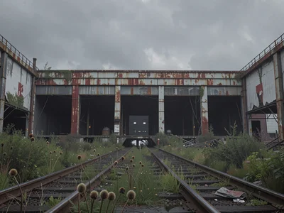 Freight yard locomotive shed with seven empty bays open to grey sky and rails bu