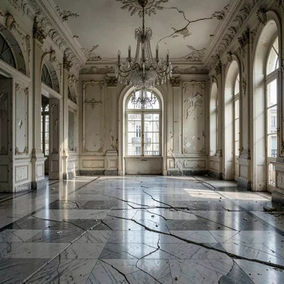 Buenos Aires faded grandeur, belle époque decay, Cracked marble floor tiles in a