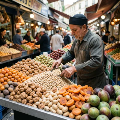 A nut and dried fruit vendor in Istanbul, mounds of pistachios, walnuts, dried a