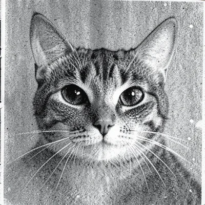 A cat face emerging from 12th-generation xerox noise, eyes still recognizable as