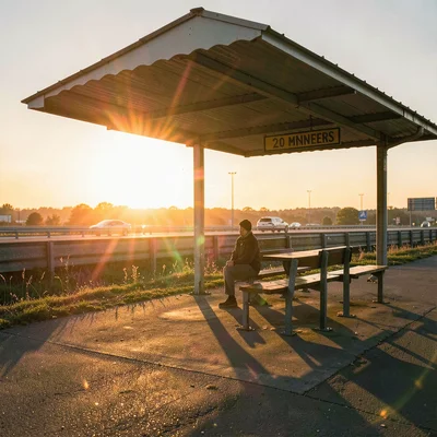 A highway rest stop transformed by golden hour magic light