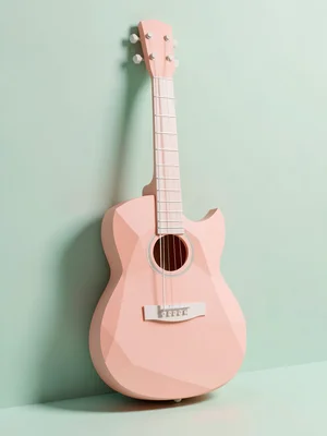 Carved-volume acoustic guitar in soft coral leaning against a mint wall, single 