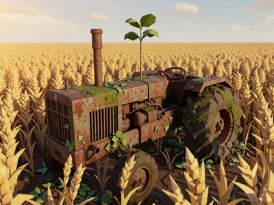 Rusted faceted tractor in a field of chunky golden wheat with a young sapling gr