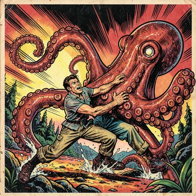 A hero wrestling a giant octopus